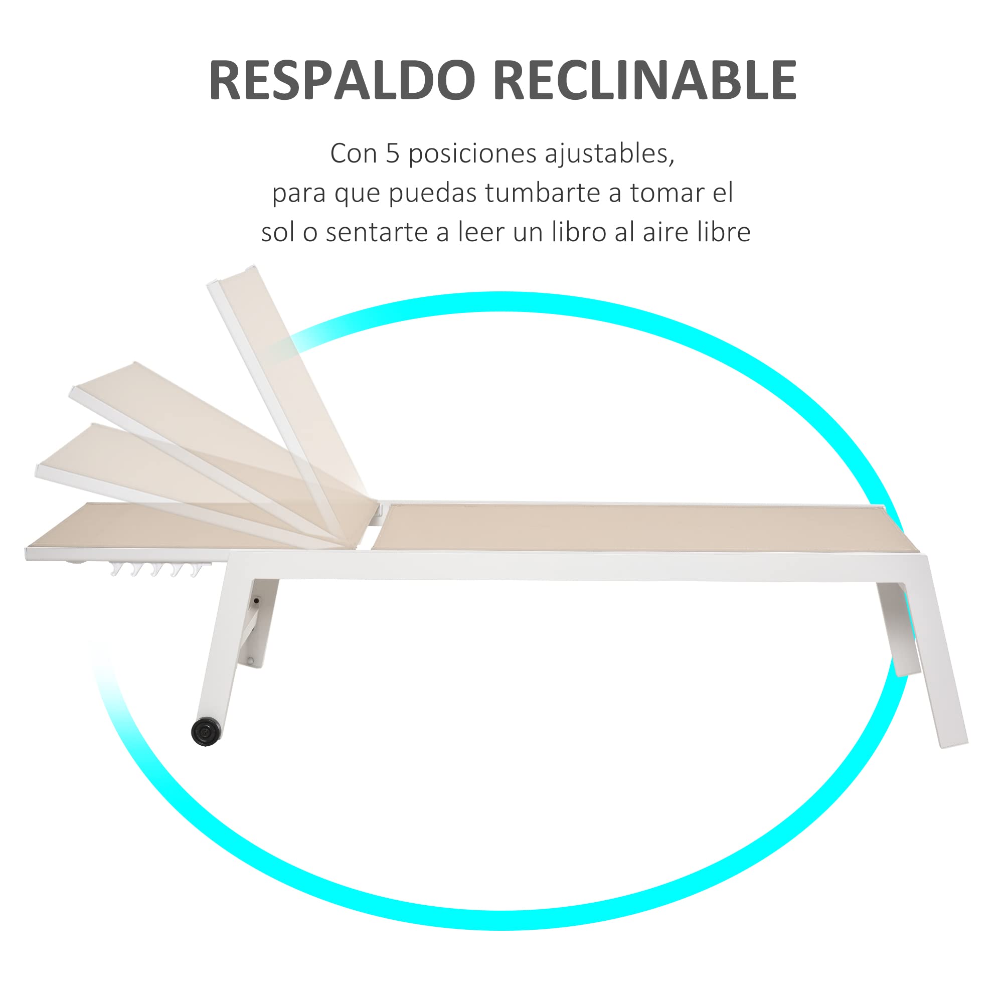 Outsunny Tumbona de Jardín de Aluminio Tumbona Exterior con Respaldo Reclinable en 5 Posiciones Ruedas Carga 120 kg para Patio Terraza 169x65x102 cm Caqui