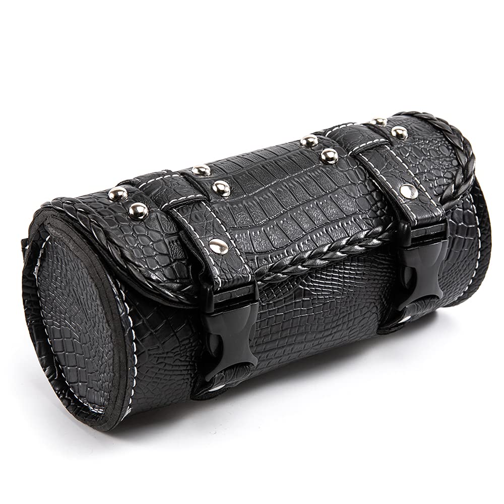 Bolsa de Herramientas para Manillar de Moto Universal con Cierre rápido de Piel sintética de cocodrilo, Bolsa de Herramientas Impermeable con 2 Correas de fijación