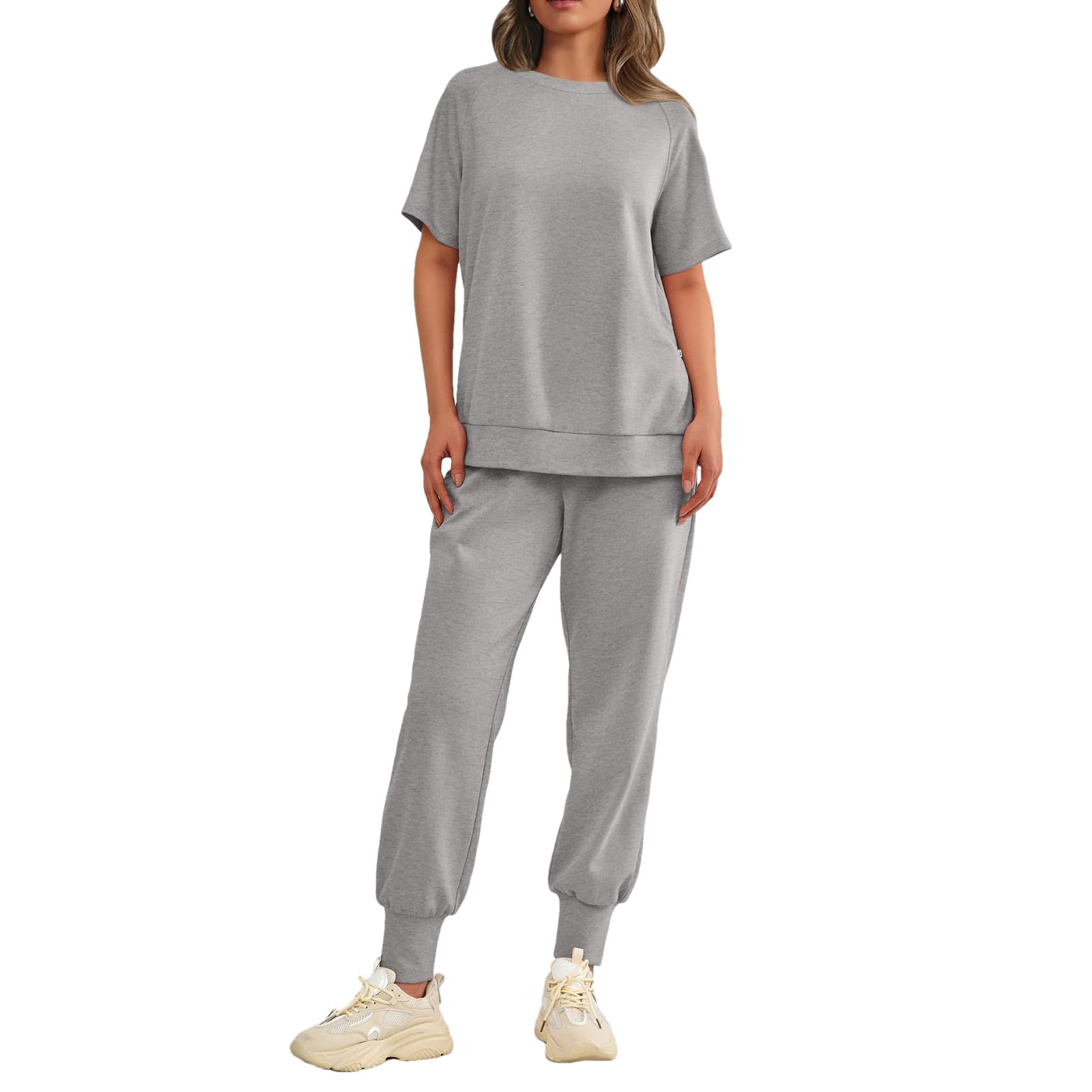 amropi Femmes Été Survêtement de Sport Manches Courtes Ensemble de Haut Fendu et Pantalon de Jogging