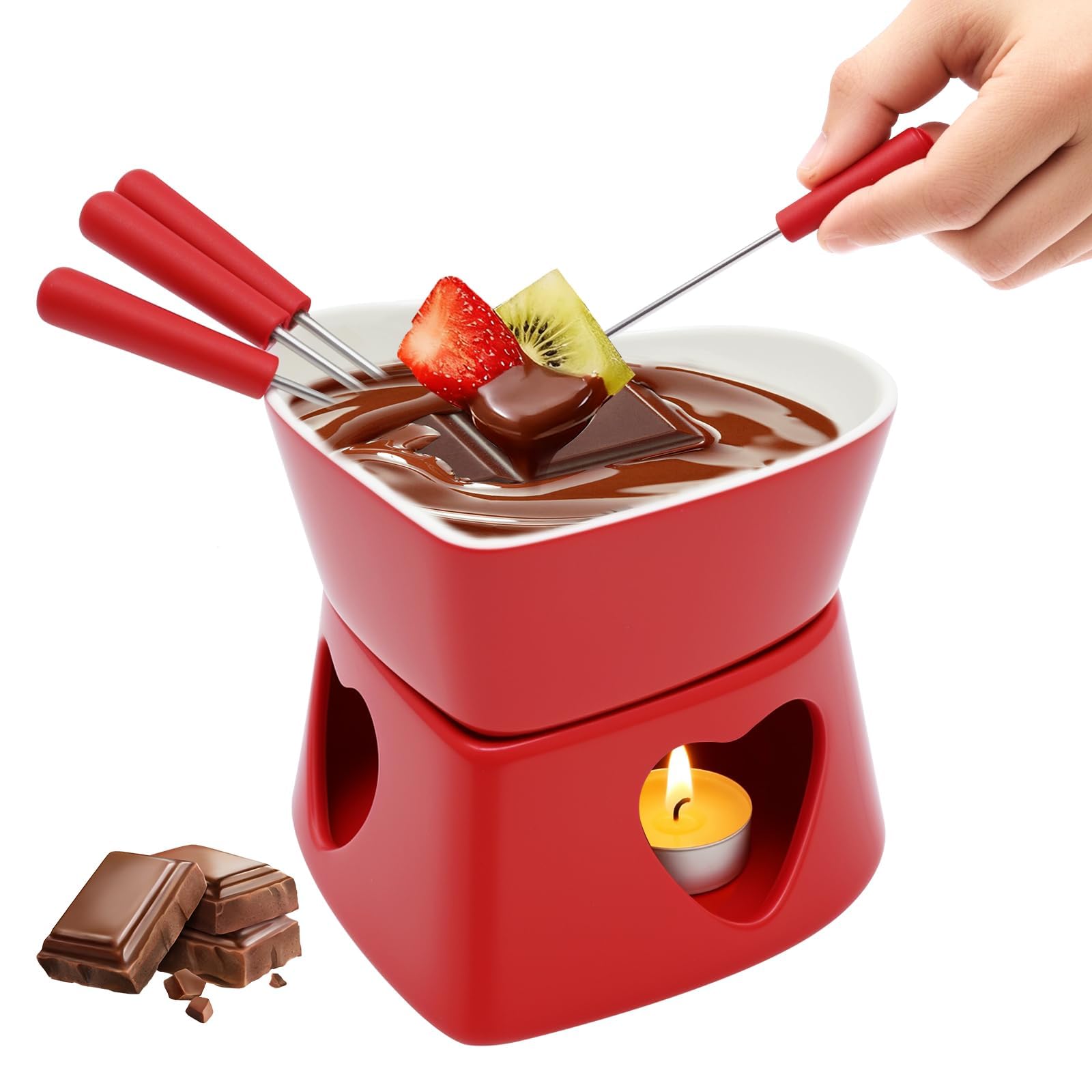 NIHUIFDPY Chocolate Fondue Set Ceramic Heart-Shaped Melting Mug with 4 Forks, 320ml Mini Fondue Pot for Cheese, Butter, Caramel, Perfect Dessert Maker for Date Night, Camping & Gifts (Red)-image-16