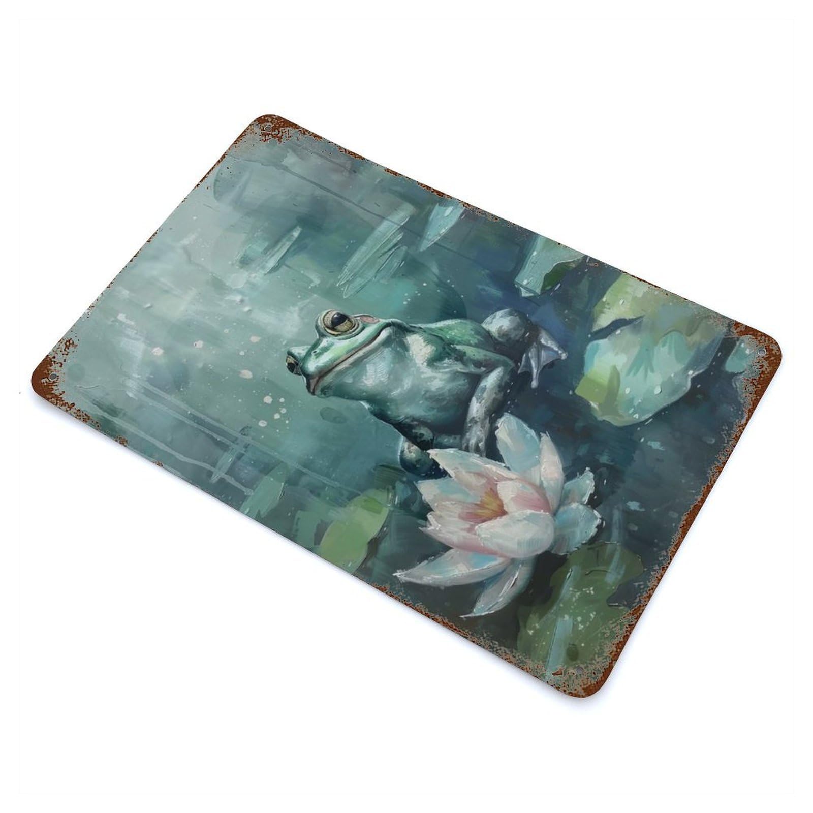 Rust Effect Frog on Lily Pad Aged Metal Wall Plaque 11.8"x7.9", Rustic Home Decor for Bistro, Counter And Cafe Decor