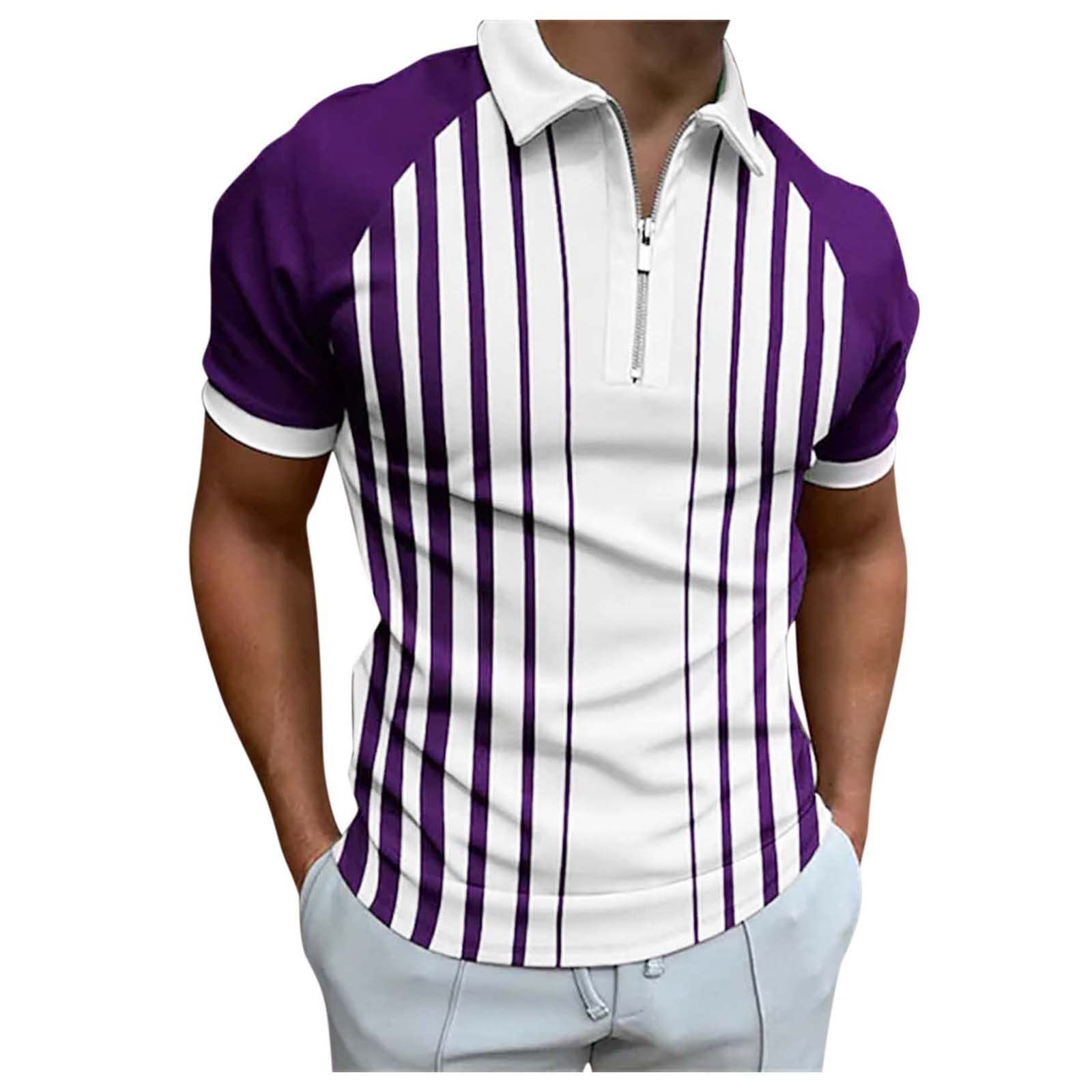 Polo T Shirts for Men Zip V-Neck Striped Gradient Short Sleeve Casual Muscle T Shirt Tropical Cotton Polo Shirts for Men