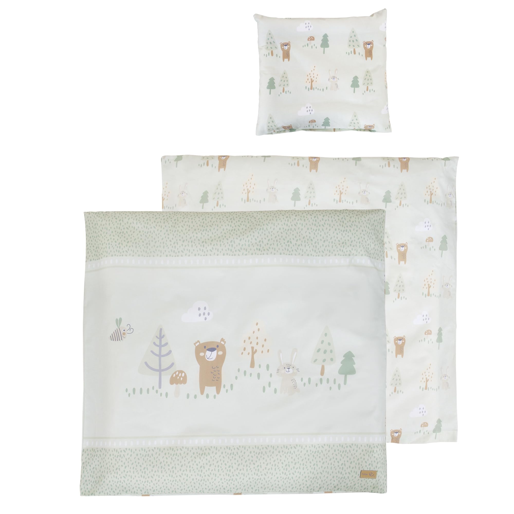 roba Biancheria per Culla Woodland Buddies - Piumino 80 x 80 cm + Federa 35 x 40 cm - Cotone Morbido - Verde Pastello con Orso, Coniglio & Ape