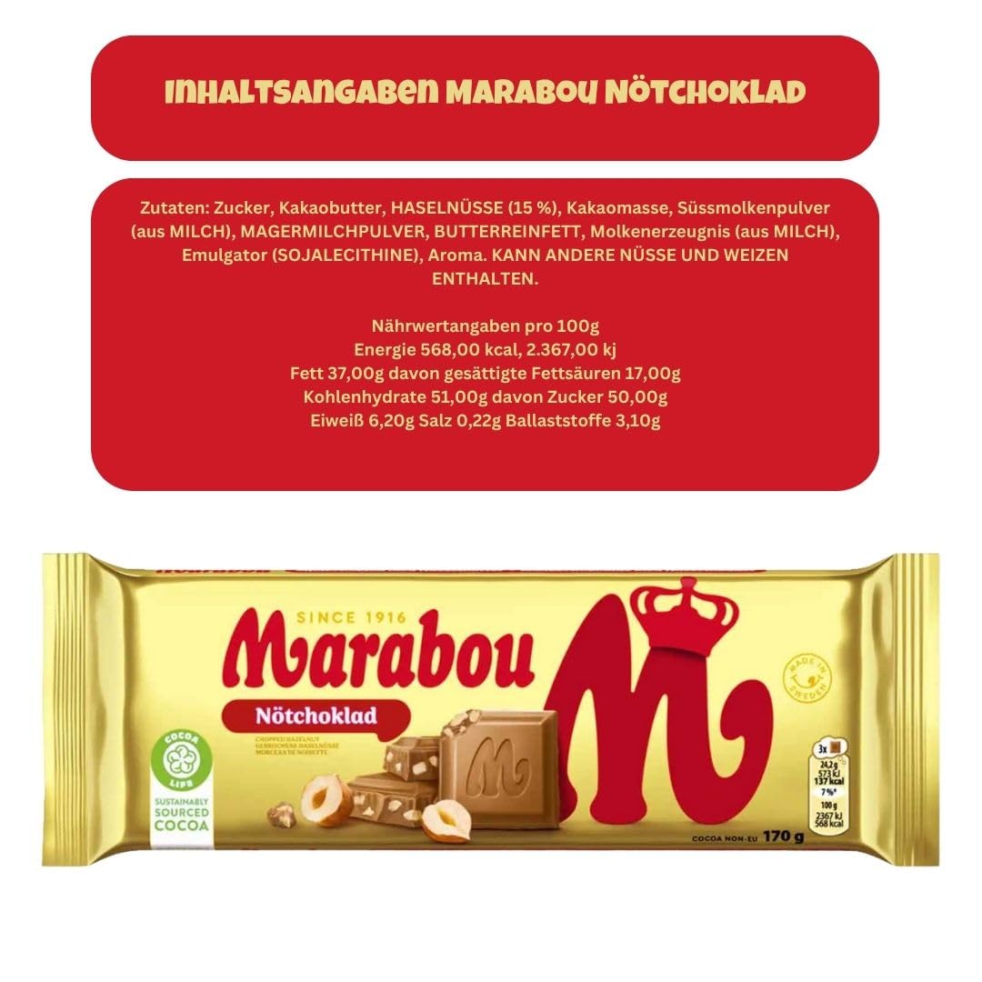 Marabou Nöt 14×170 g (insg. 2,38 kg) | Schwedische Milchschokolade mit Nüssen | Tafelschokolade Vorratspack | Cremig & knackig | Für Party, Office & Geschenke