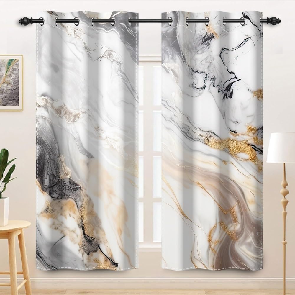 Marble Blackout Curtains Modern Abstract Grey Gold White Marble Texture Window Drapes for Bedroom Living Room Kitchen Aesthetic Darkening Grommet Window Treatments 2 Panel Set,42x84inch