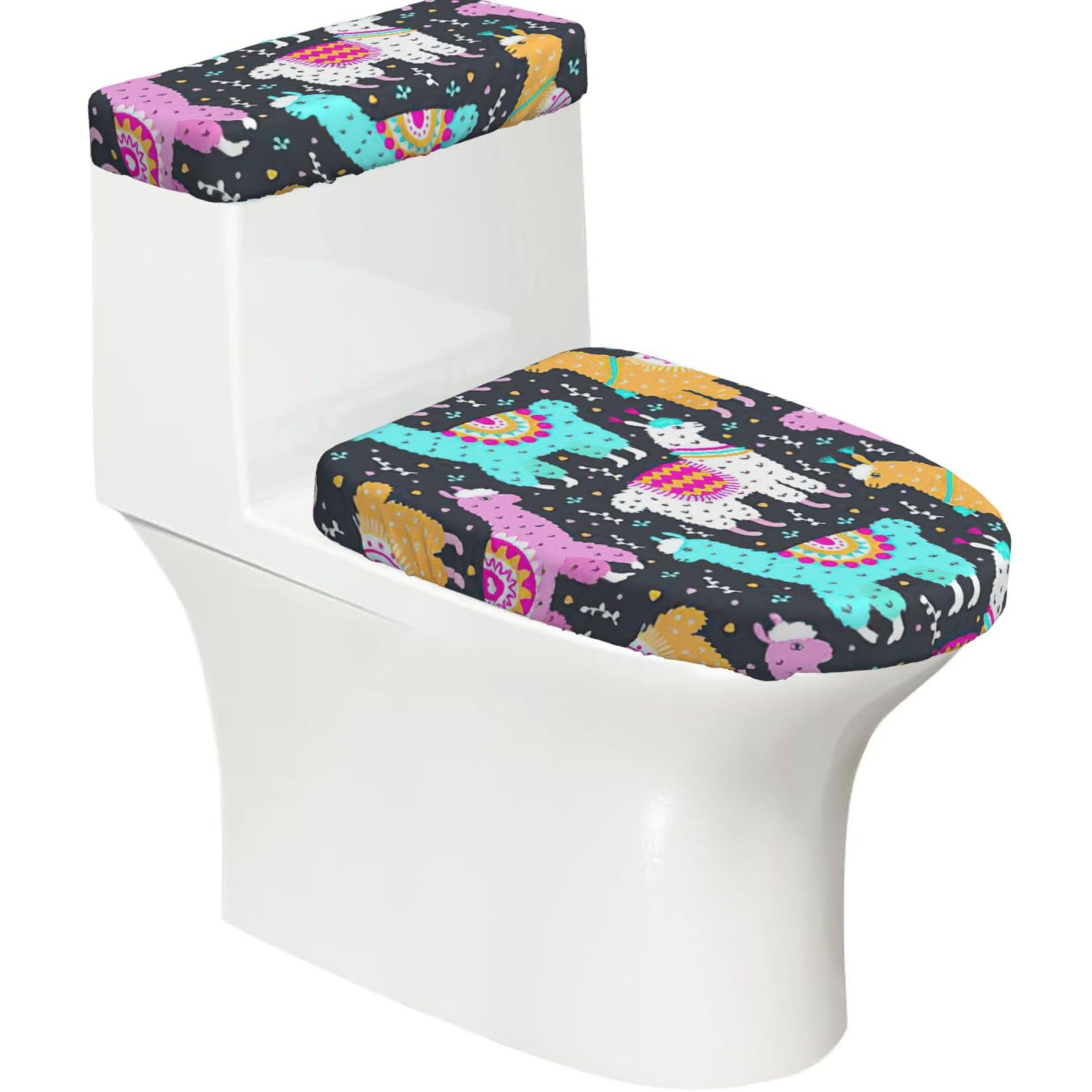 Indian Alpaca Print 2-Piece Stretch Toilet Cover Set, Elastic Breathable Toilet Seat and Tank Lid Protector
