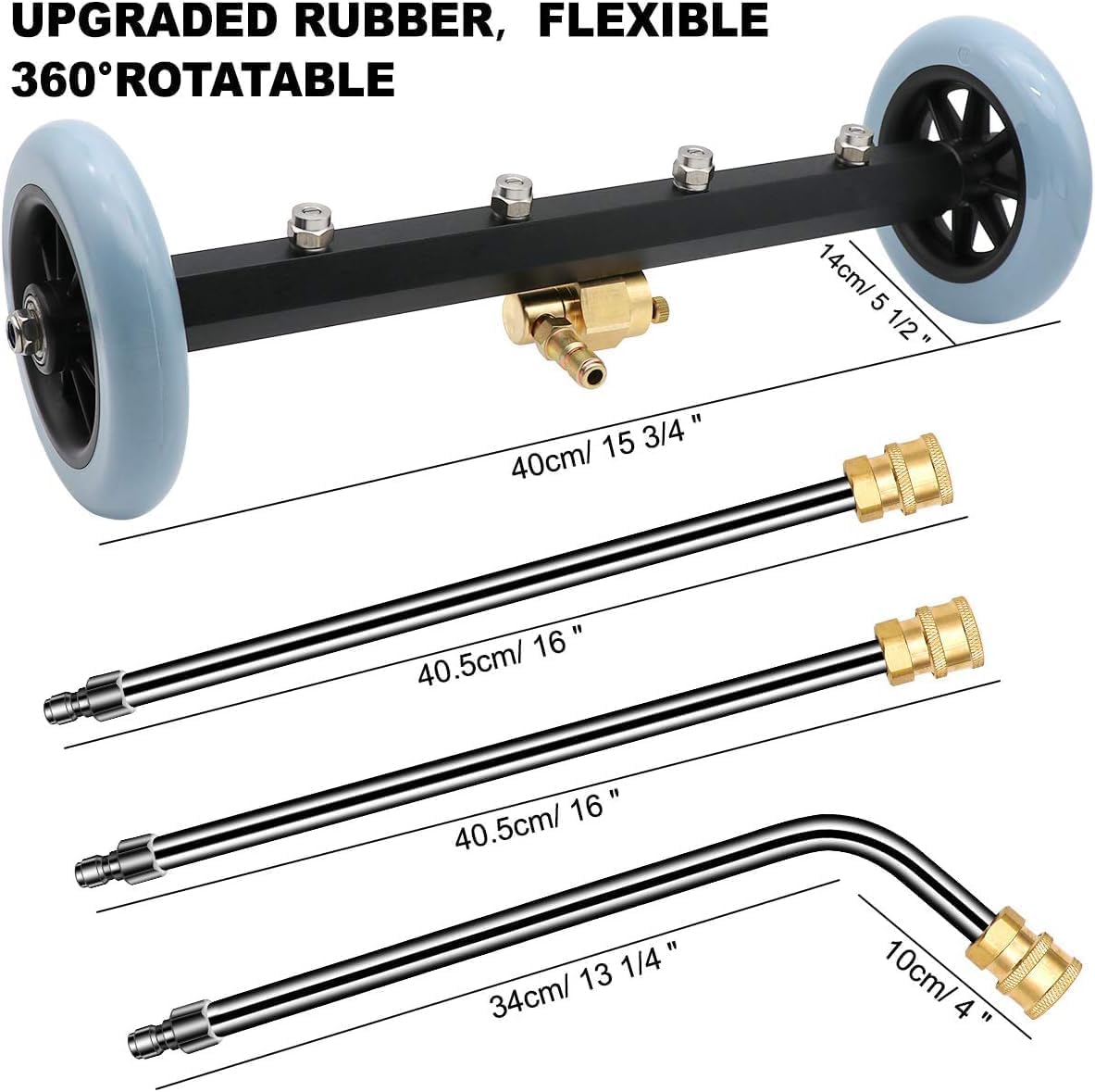Limpiador de alta presión de 16 pulgadas, limpiador de debajo del suelo, accesorio con 2 varillas de extensión y 1 varilla angular de 60°, 4 boquillas estándar y 4 boquillas de expansión, hasta 4000