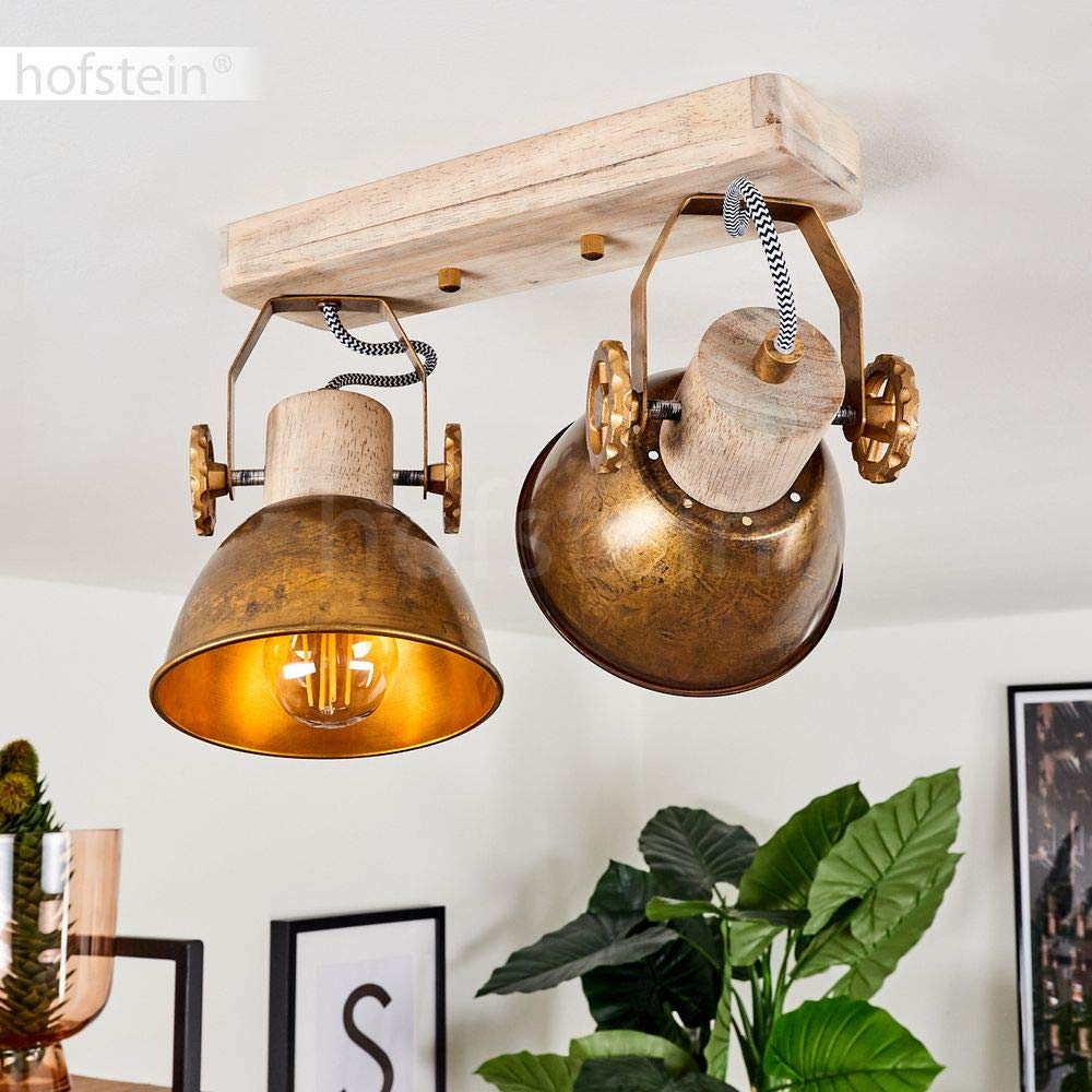 Lampada da soffitto Orny, lampada da soffitto a 2 luci in legno e metallo color bronzo, lampada da camera dal look industriale, 2 x E27, le teste delle lampade sono regolabili, senza lampadina/e