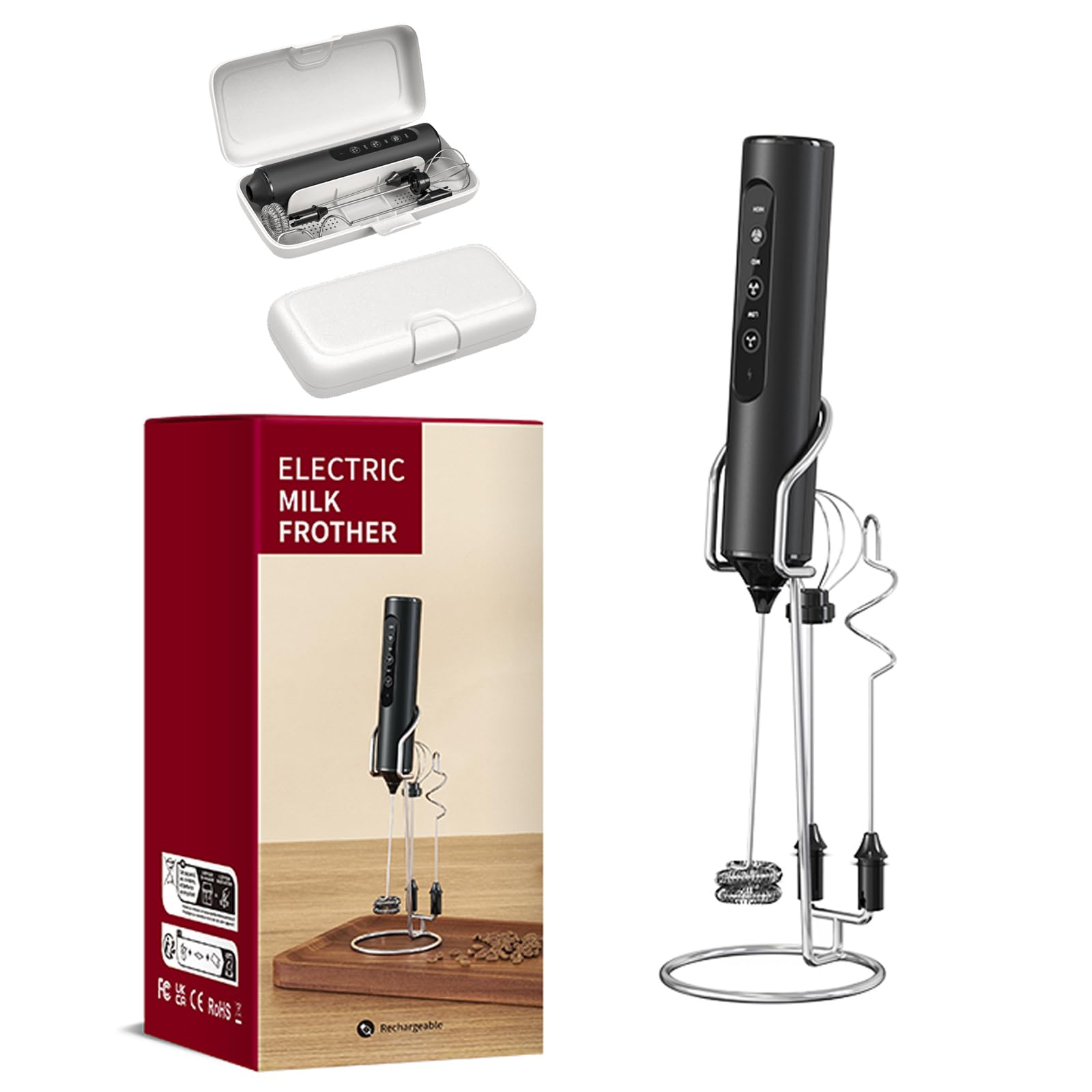 Electric Milk Frother Handheld, Rechargeable Coffee Frother with 3 Detachable Whisks and Stainless Steel Stand, 3 Speeds Control, Handheld Milk Frother for Latte, Cappuccino, Matcha, Coffee (Black) ﻿