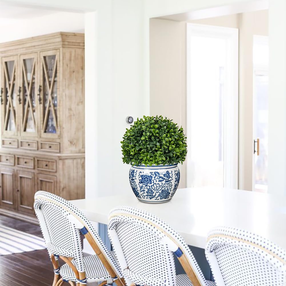 Oairse Plantas artificiales de boj en maceta de cerámica azul y blanca, decoración de boj topiario, plantas falsas para centro de mesa, plantas de interior, decoración del hogar, sala de estar,