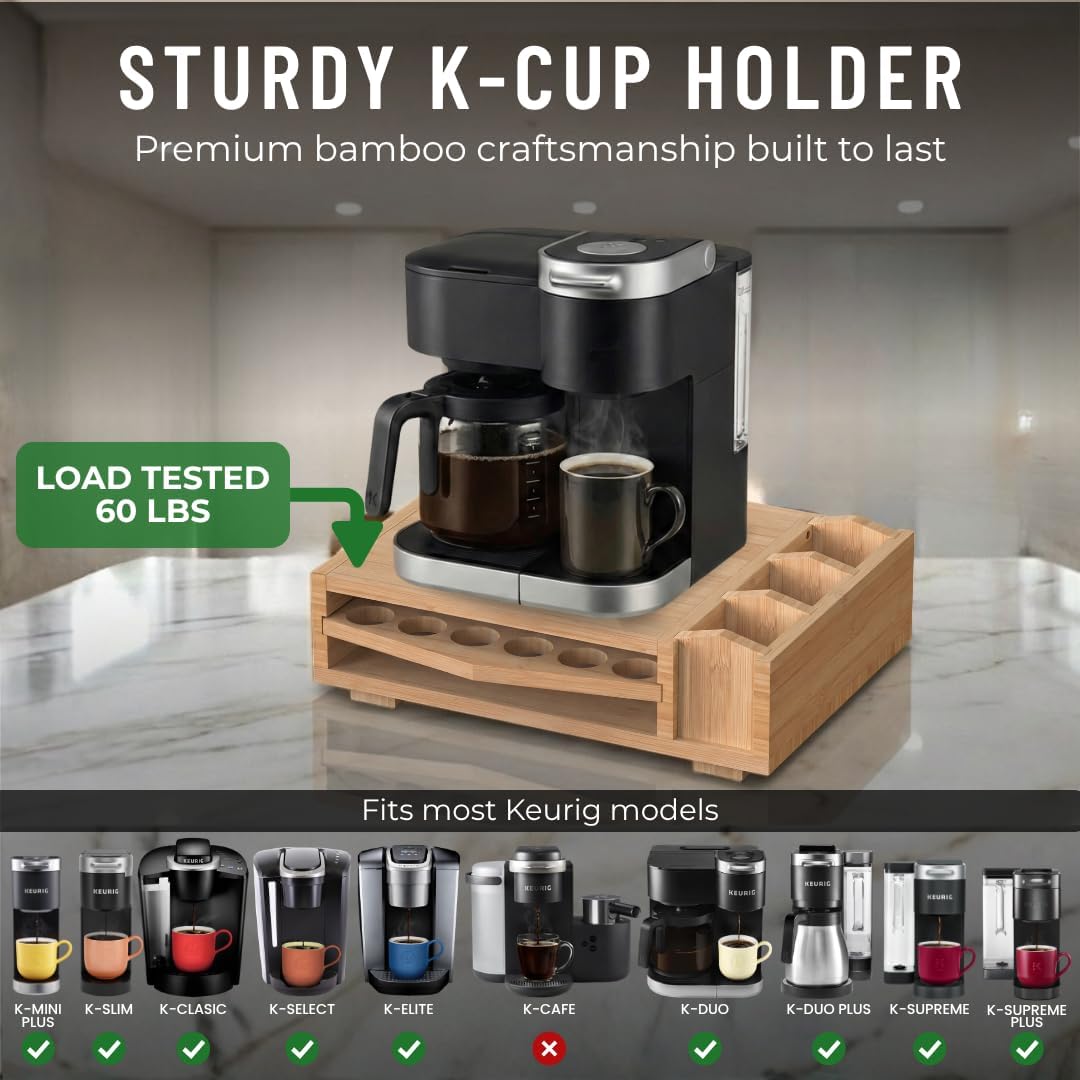 Bamboo Keurig Pod Organizer, Large 36 K-Cup Capacity Aesthetic Under Machine K-Cup Storage Drawer, Space-Saving Keurig Stand With Storage, 3 Slots For Tea & Spoons, Fits Keurig Brewers