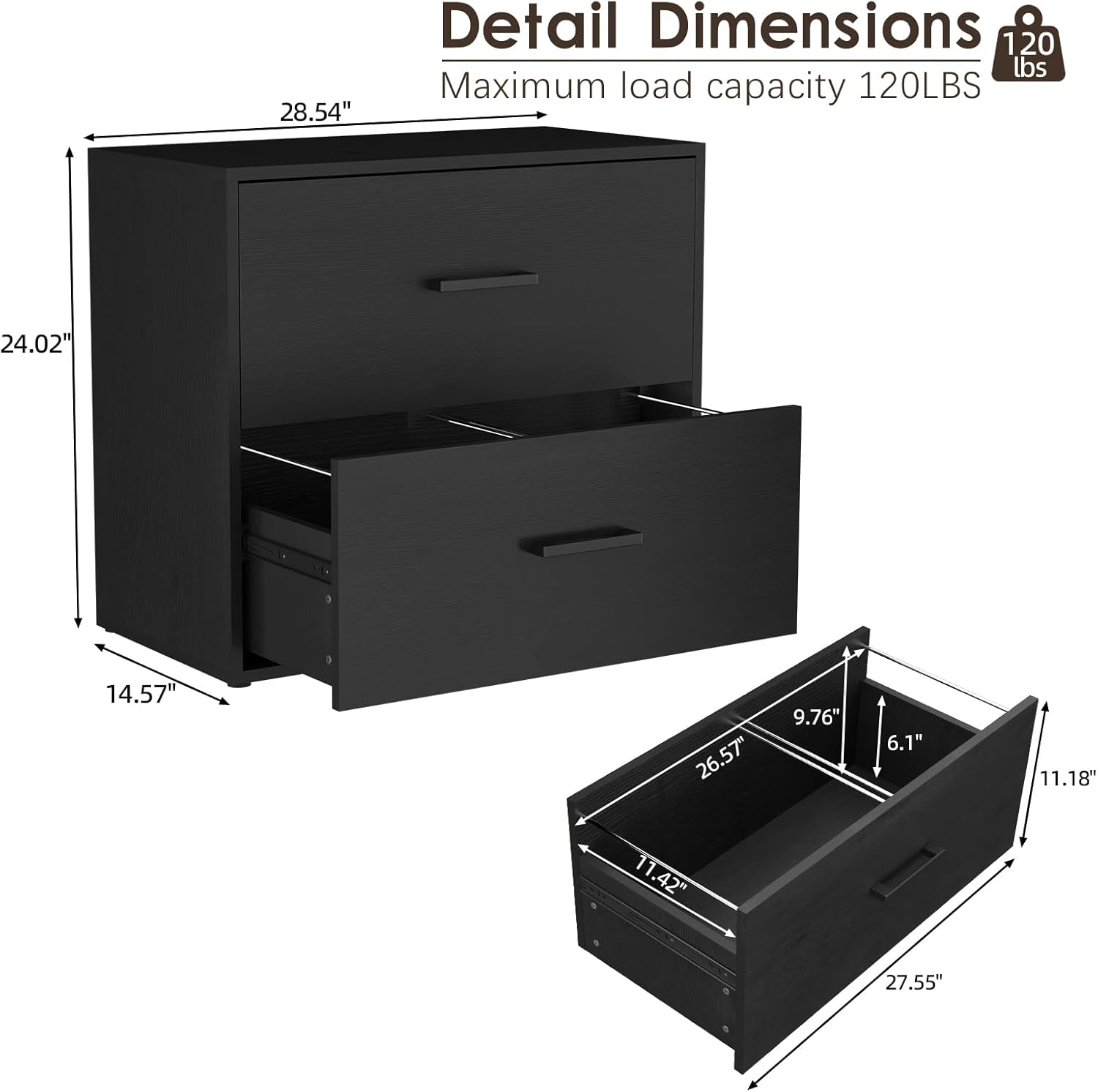 2 Drawer Lateral File Cabinet, Printer Stand Black Filing Cabinets for Home Office and School, Wood Rattan File Cabinet for Hanging Files/Letter/Legal Size, Black