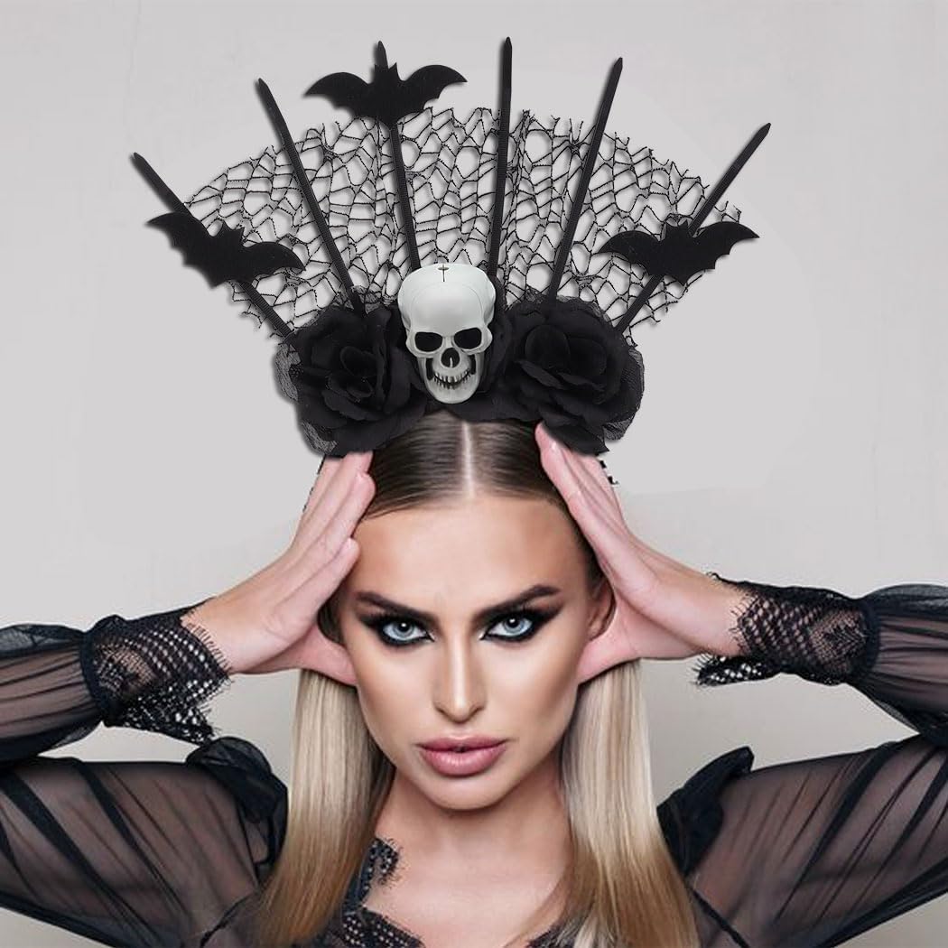Miniatura 3 de GORTIN Diadema de calavera y rosa, tocado gótico negro para Halloween, banda para el pelo de murciélago, diadema de telaraña, diademas para
