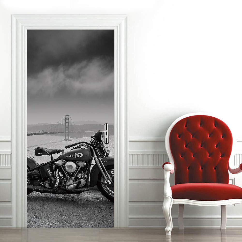 Décoration murale salon et chambre poster porte trompe l'oeil moto