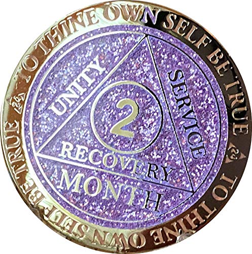2 meses AA Medallion Reflex Purple Lavender Glitter Gold Plated Sobriety Chip Cover