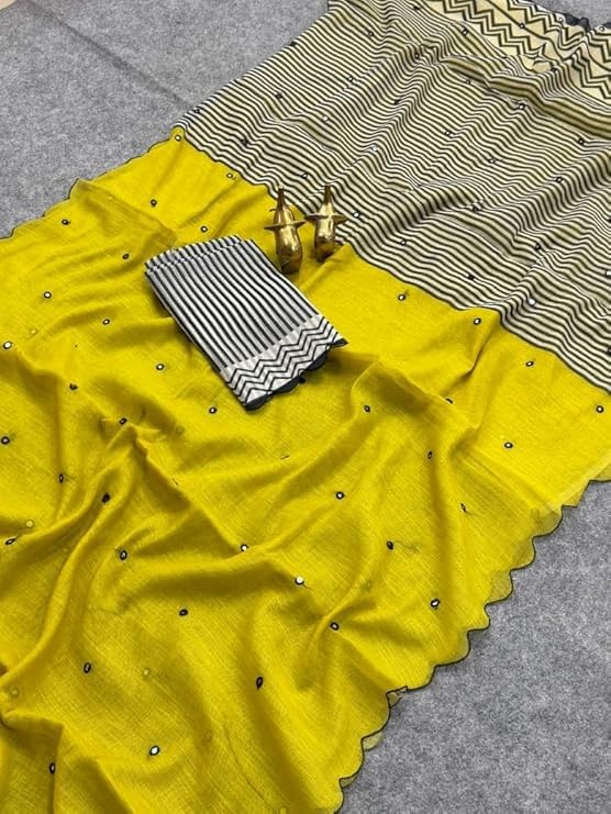Image of Linen Cotton Saree with Black Mirror Work