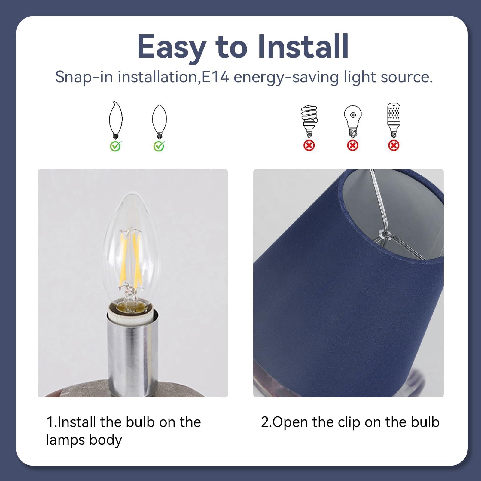 Pantallas de lámpara de araña E14 de tela, juego de 6 pantallas de lámpara con clip Pantalla de lámpara moderna Pantalla de luz colgante para lámparas de pared de piso de mesa(azul oscuro)