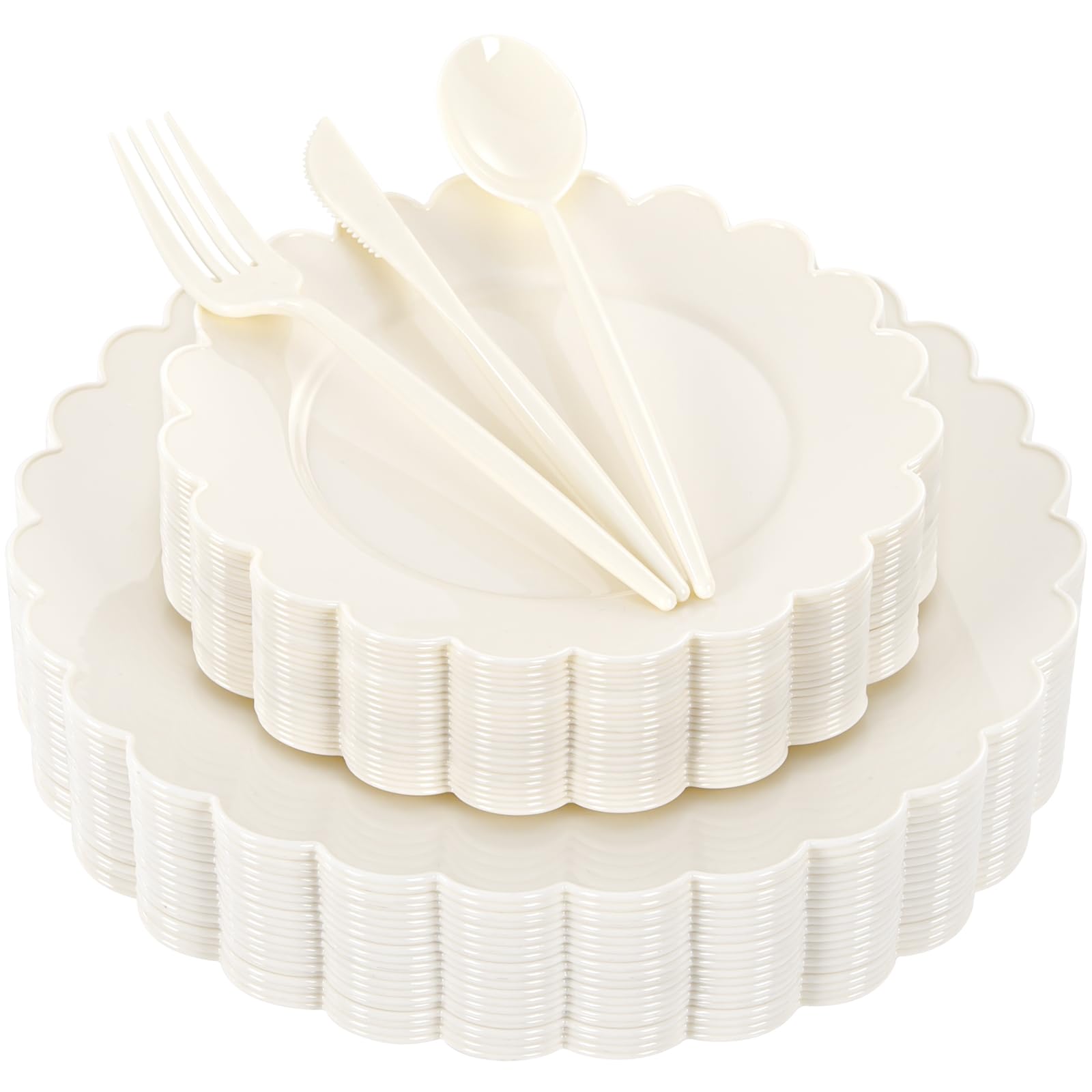 150Pcs Ivory Heavy Duty Plastic Plates and Dinnerware Party Set