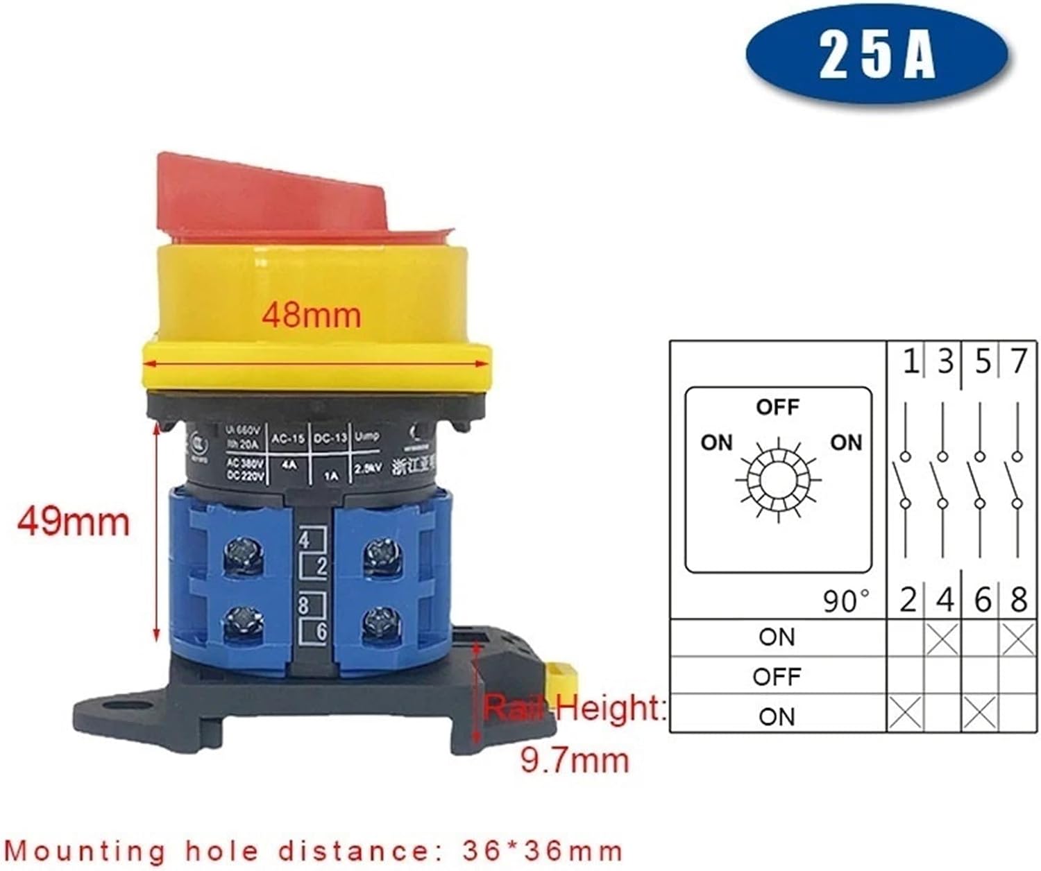 LW26GS-20A 25A DIN Rail mounting Off-ON Two-Stage CA10 48x48mm 64x64mm Circuit Breaker Isolator Padlock Rotary cam Switch(25A 48X48mmON-OFF-ON)