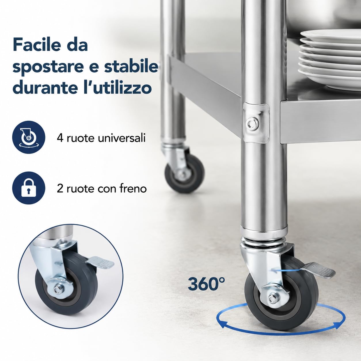 SHZICMY Mesa de trabajo de acero inoxidable con ruedas, 60 x 60 x 85 cm, para cocina, cocina, cocina, cocina, cocina, cocina, cocina, bar, carga de 300 kg