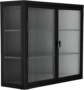 Bathroom Wall Cabinet, Ribbed Glass Door Medicine Cabinet with 2 Detachable Shelves, Retro Style Fluted Glass Storage Cabinet, Black