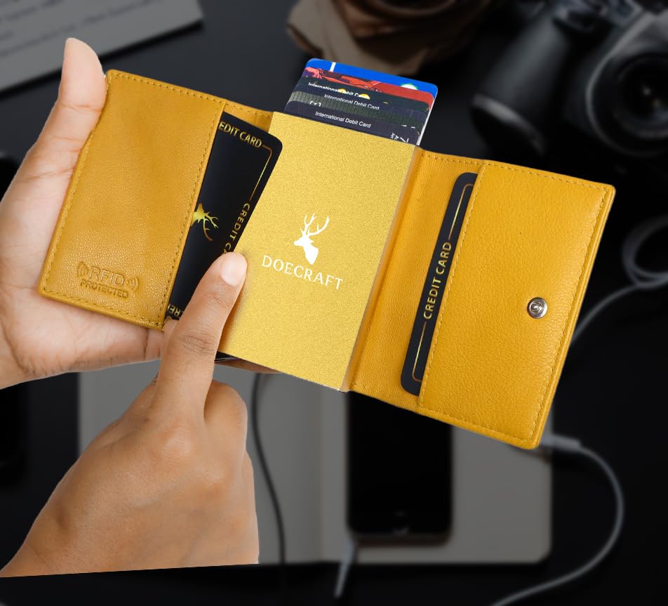 Image of Men's Genuine Leather RFID Wallet | Premium Slim Red Wallet for Men with Deer 3D Print | 8 Card Slots Secure and Durable | Casual Stylish | Formal & Gifting Use, Golden (Yellow)