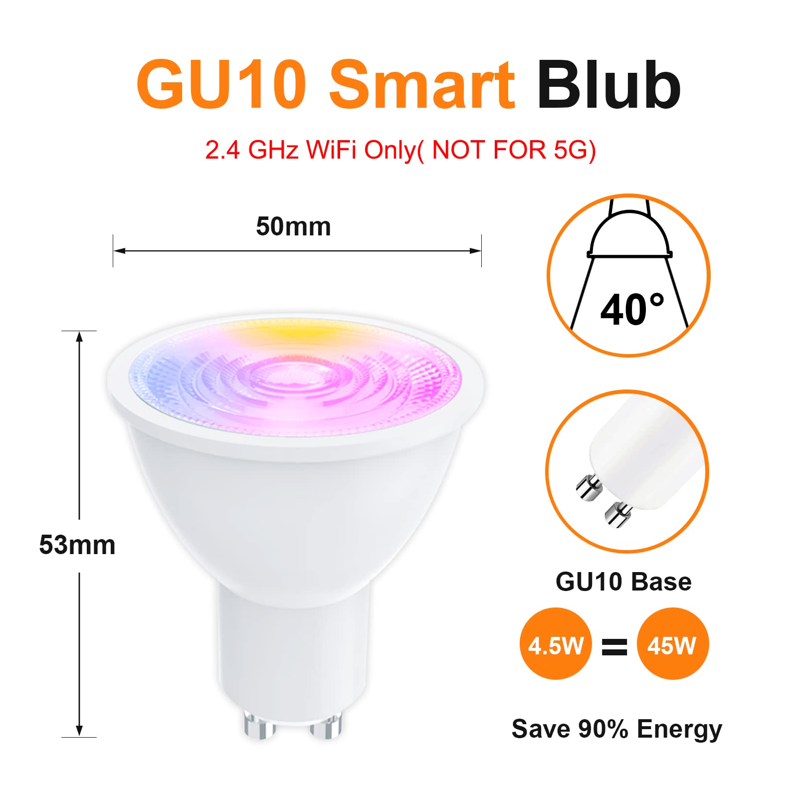 ANTELA Bombilla GU10 Inteligente Wifi Compatible con Alexa y Google Home, Luz Fría/Cálida 2700K-6500K, Bombilla RGB 16 Millones de Colores, 4,5W, 326LM, CRI 80, 15000hrs,4 PCS