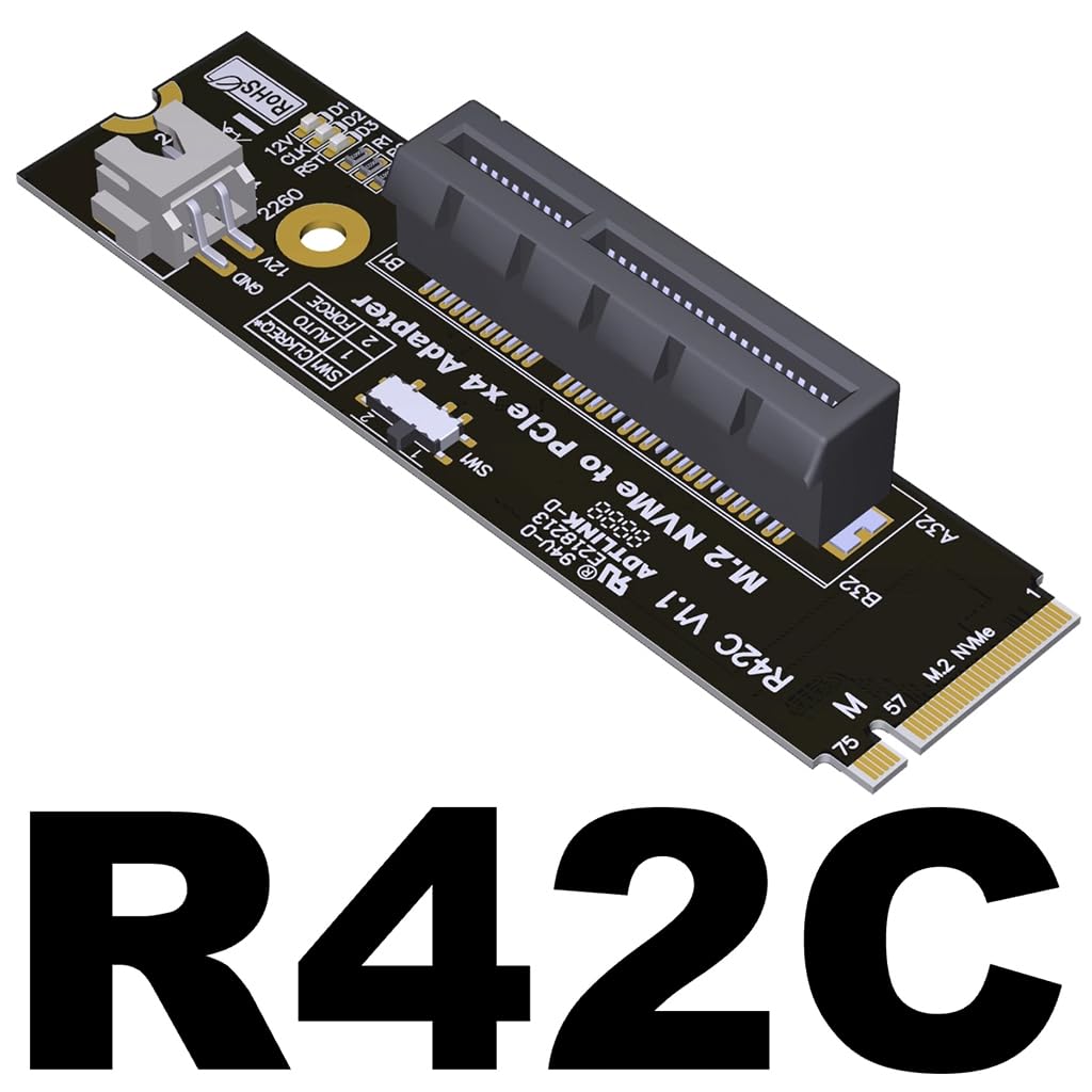 JMT ADT-R4 PCIe 4.0 M.2 Key-M to PCI-E X4 X16 Riser Adapter Card with SATA Power Cable Compatible with M.2 NVMe SSD 2260 2280 (R42C, to X4)