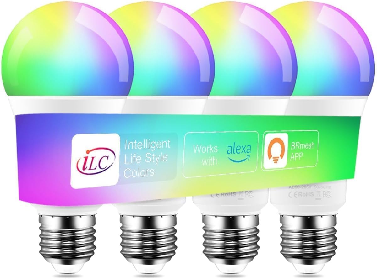 ILC Alexa Light Bulbs 10W (70 Watt Equivalent) Smart Light Bulbs Compatible with Alexa Required Echo Device, 900 Lumens, Color Changing Warm White 2700K (4 Pack)