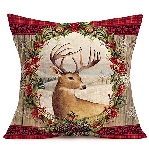 Merry Christmas Pillow Covers Cotton Linen Christmas Red Berry Jingle Bell Holly Leaf Wreath With Winter Reindeer Pattern Decorative Throw Pillow Covers For Farmhouse Home Decor Cushion Cover 18"X18" #TOP25