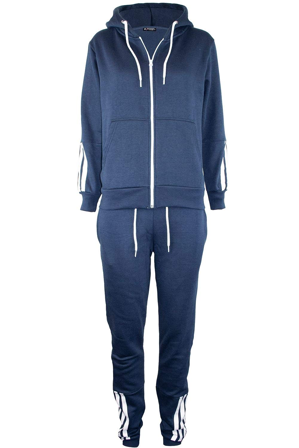 Fashion Star Womens Ladies Hooded Contrast Side 4 Stripes Zip Up Pockets Loungewear Tracksuit