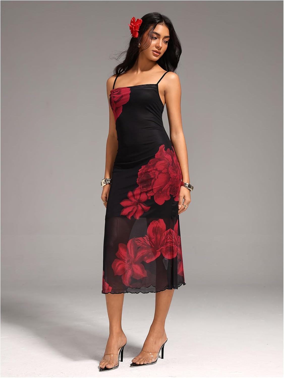 Women's Floral Mesh Midi Dress Y2k Coquette Sheer Spaghetti Strap Bodycon Cami Dresses - Image 5