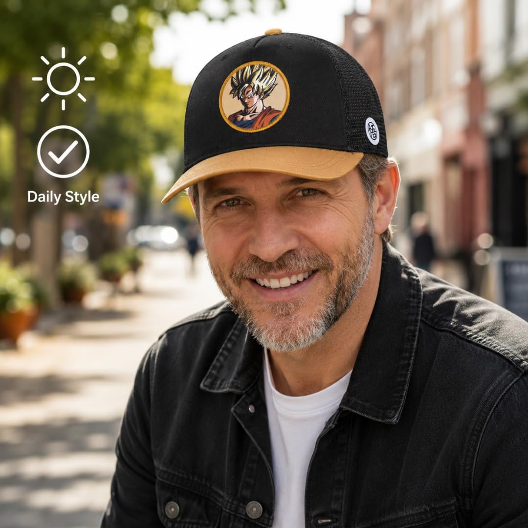 Gorra Dragon Ball Z para Niño y Juvenil, Gorra Infantil de Visera con Rejilla, Negra y Marrón, Bordados Frontal y Lateral, Talla Única 51-54 Centimetros
