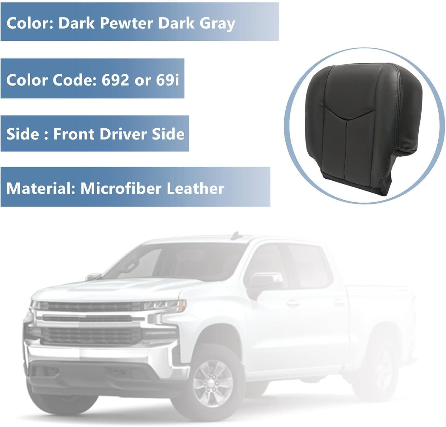 SecosAutoparts Driver Side Bottom Dark Gray# 692/69i Replacement Leather Seat Cover Compatible with Chevy Silverado Avalanche Tahoe Suburban GMC Sierra Yukon 2003 2004 2005 2006