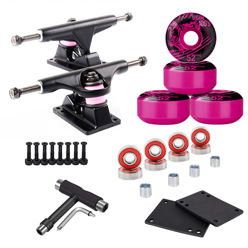 Skateboard-Truck – Skateboard-Standard-Trucks, 2 Stück Skateboard-Truck mit Skate-RAD-Riser-Pad-Lagerzubehör, Schwarz-Rose-Rot