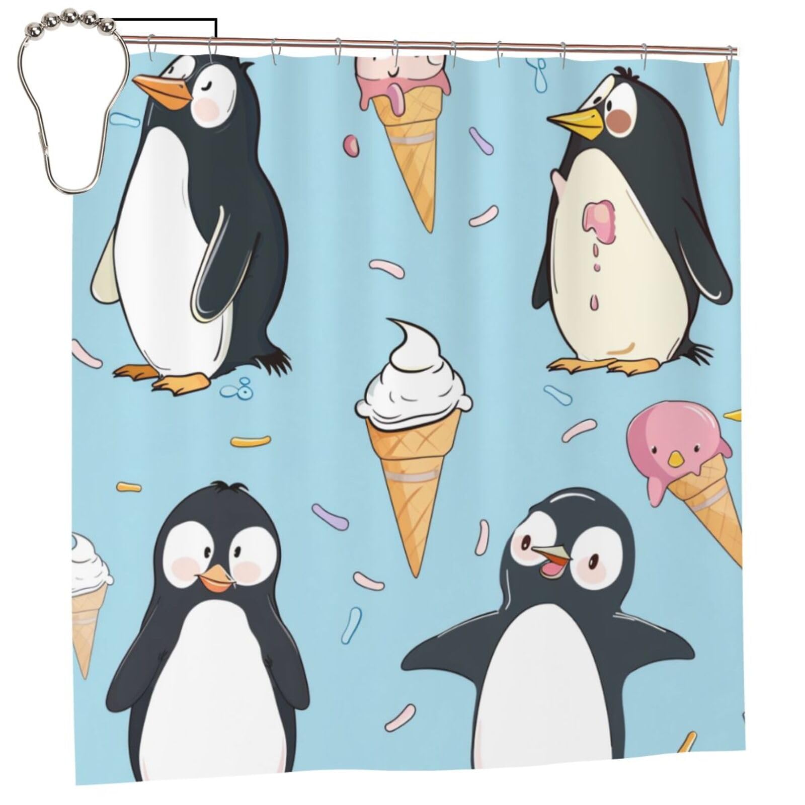 BWWHCCTI Cute Penguins Printed Shower Curtain With 12 Iron Hooks Opaque Quick Drying Waterproof Shower Curtains Sets For Bathroom 183x183 CM