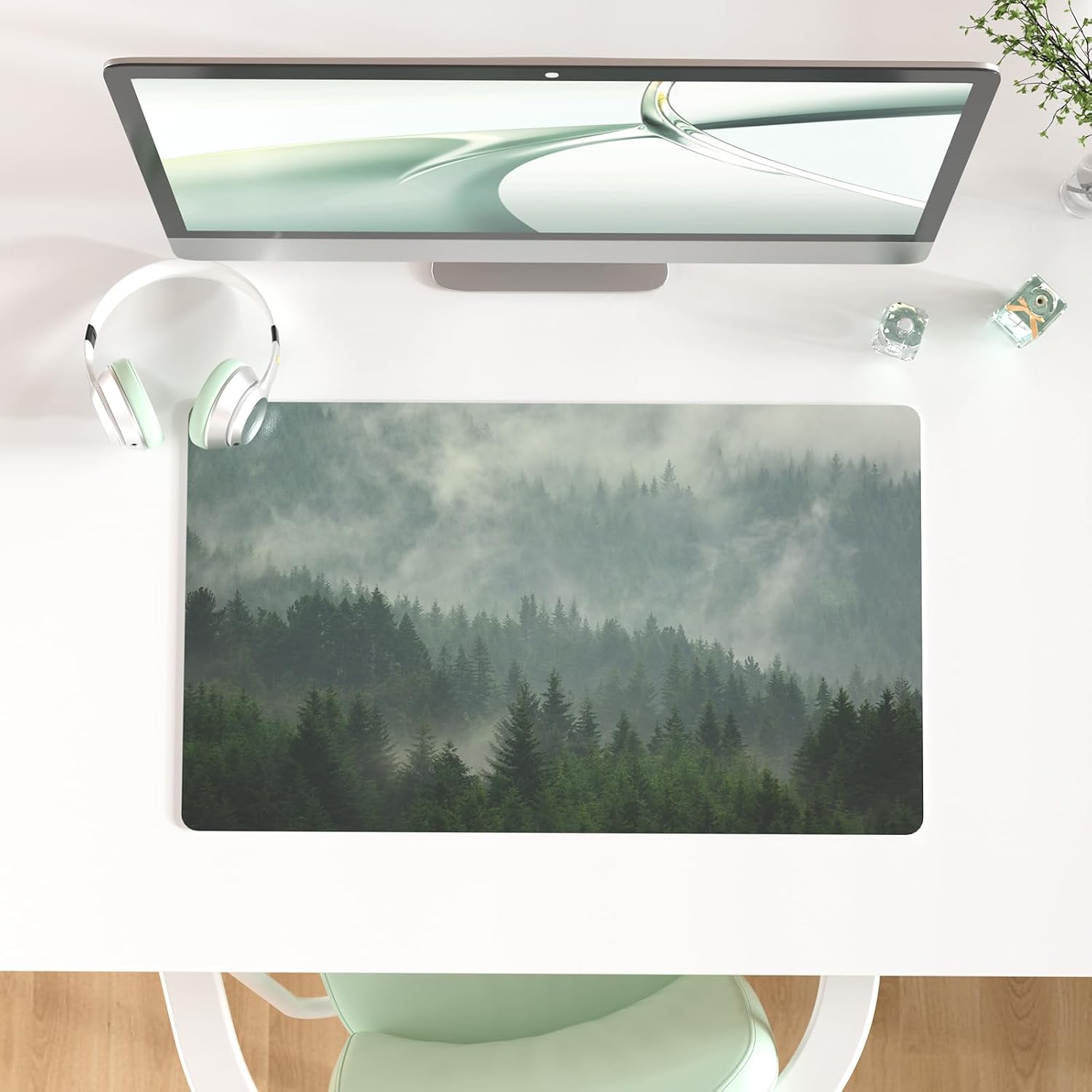 Faux Leather Large Mouse Pad, Office Desk Mat, 23.6"x13.8", Foggy Forest