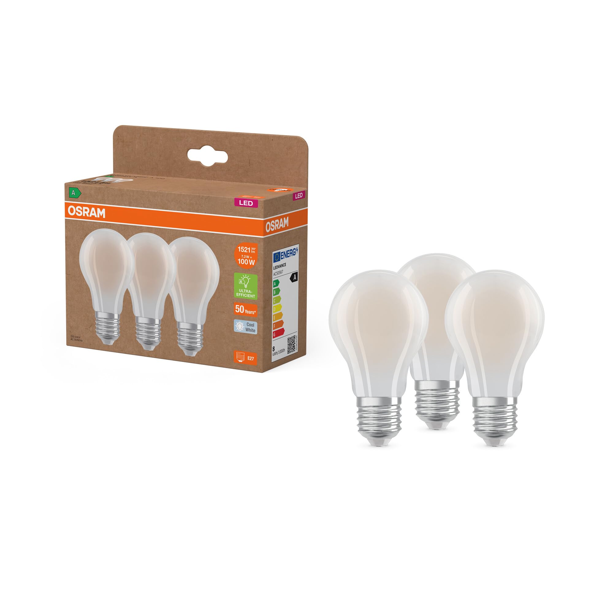 Osram LED LAMPS ENERGY CLASS A ENERGY EFFICIENCY FILAMENT CLASSIC A in A-Form, LED-Lampe, Glas, Matt, 7,2 W, 1521 lm, 4000 K, Energieeffizienzklasse: A, CRI 80