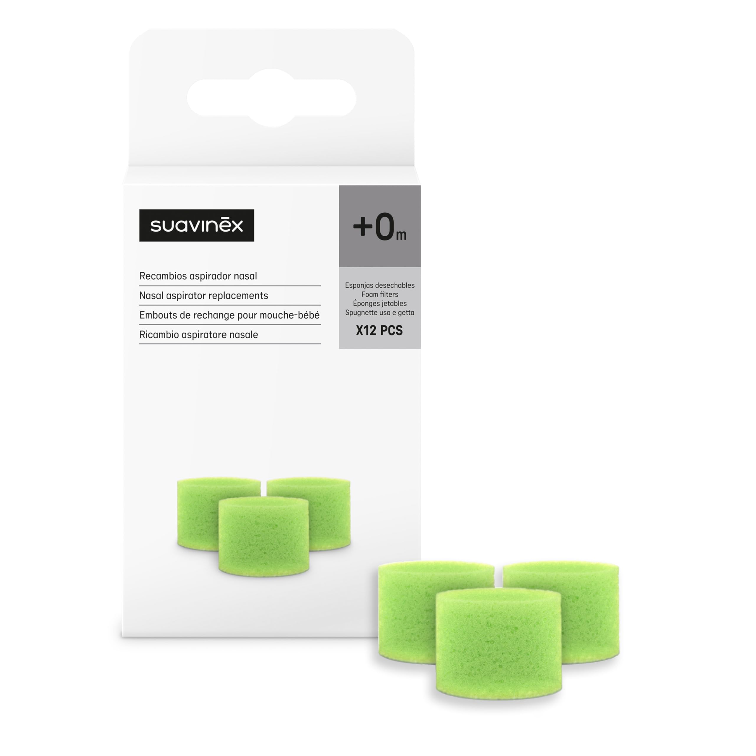 Suavinex, 12 Éponges de Rechange Jetables pour Aspirateur Nasal, Éponges de Recueil de Mucosités, pour un Lavage Nasal Sûr et Confortable, +0 Mois, Pack de 12 Unités
