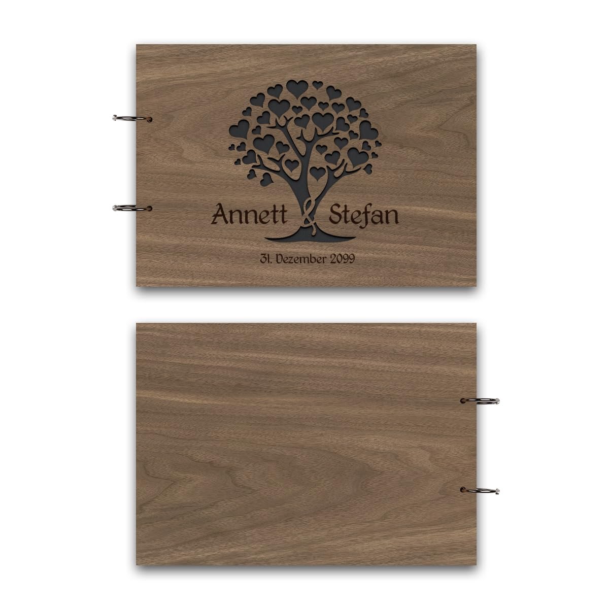 Hochzeit Fotoalbum Nussbaum Holz Gravur individuell Holzcover mit 50 Fotokarton 300g/qm schwarzen Innenseiten (25 Blätter) DIN A4 quer 302 x 215 mm - Herzbaum