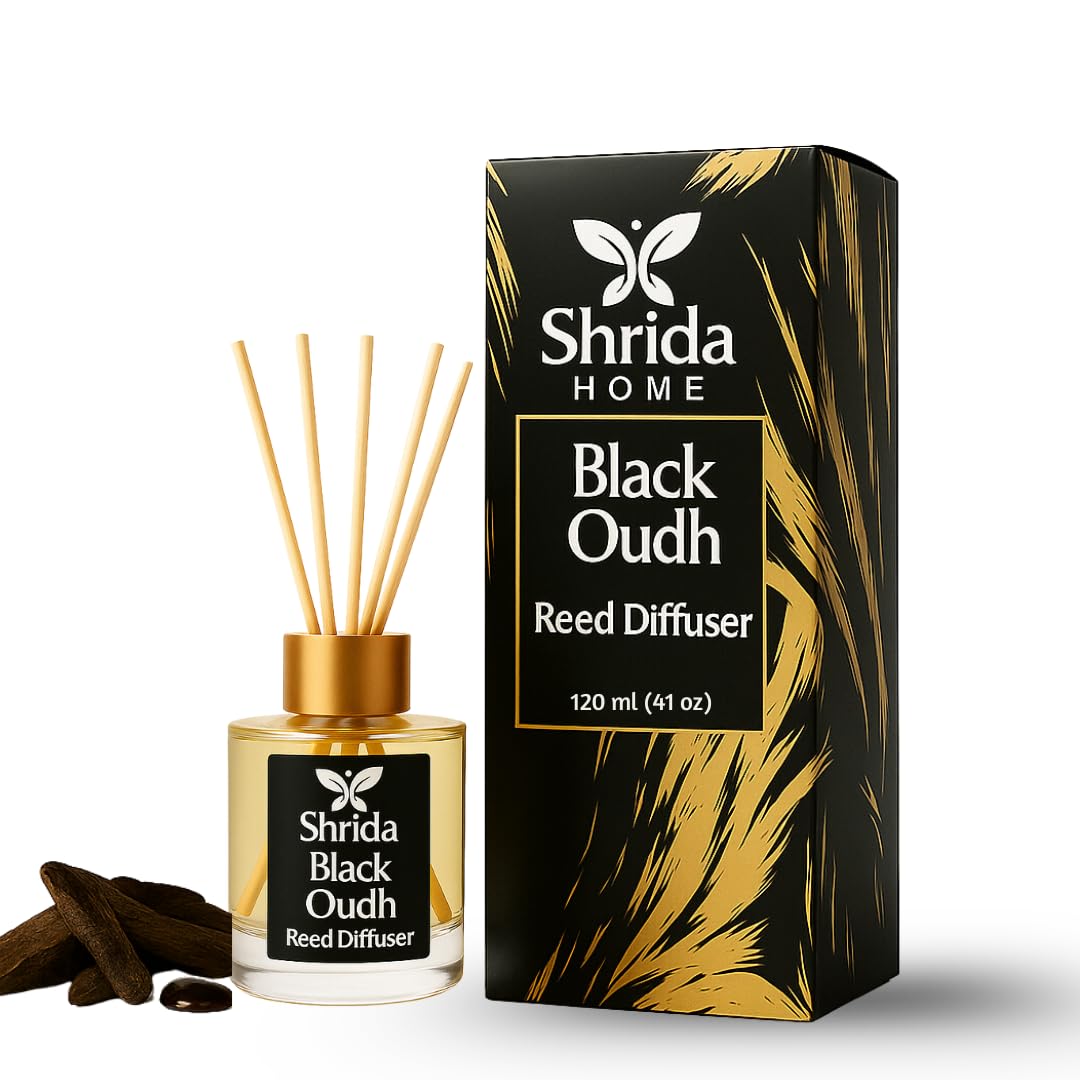 120ml Black Oudh Reed Diffuser Glass Set, Rich Aroma Oil with 6 Rattan Sticks, Long-Lasting, Toxin-Free Home Fragrance, Smoky Woody Scent for Home, Bathroom & Office, Ideal Gift