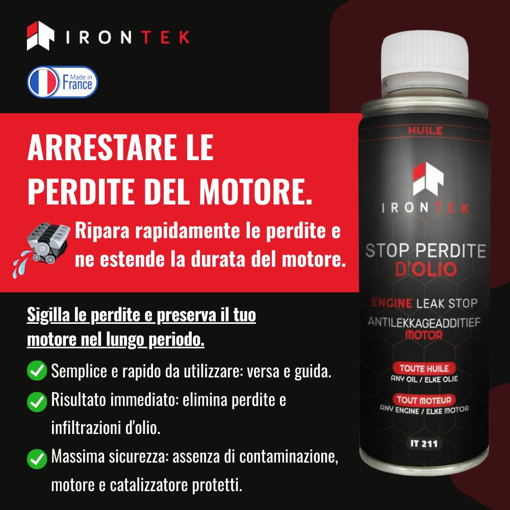Antifuga Olio Motore - IRONTEK - 300ml | IT211 | Sigilla Perdite Olio | Ripristina Guarnizioni | Benzina Diesel GPL Ibrido