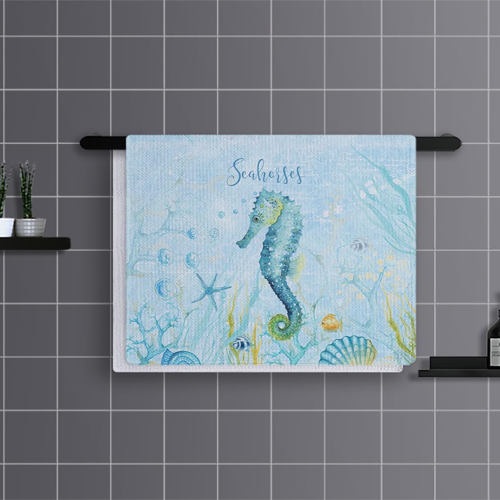 Trapos Cocina Caballito Mar Azul Coral Paños de Cocina Suaves y Absorbentes Paños Cocina Reutilizables Trapos de Cocina para Secar Toallas Lavable Toallas de Barra Juego de 4 (40x60cm)
