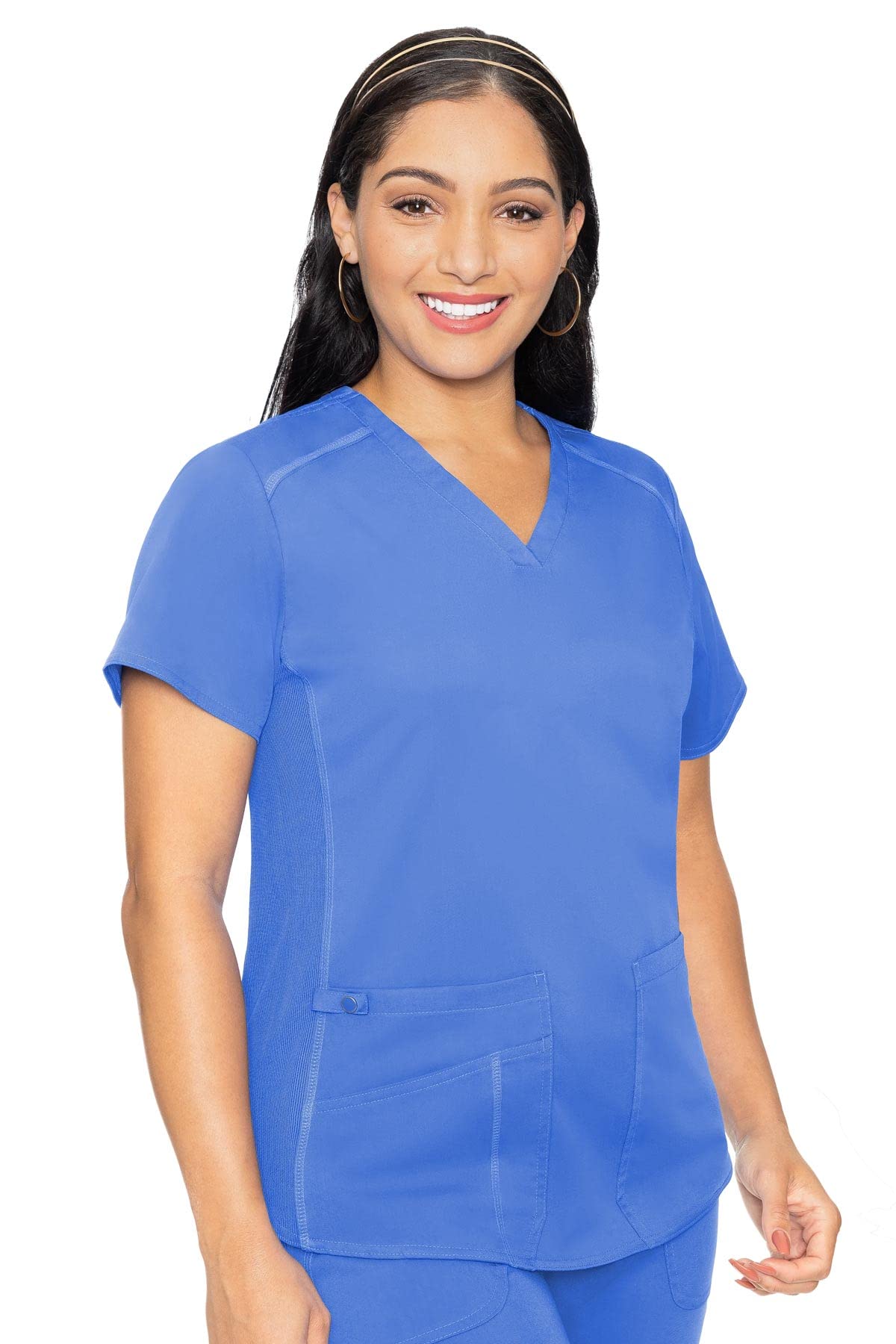 Med Couture V-Neck Scrub Top for Women with 4 Pockets, Rib-Knit Side Panel, and Shirttail Hem MC7459