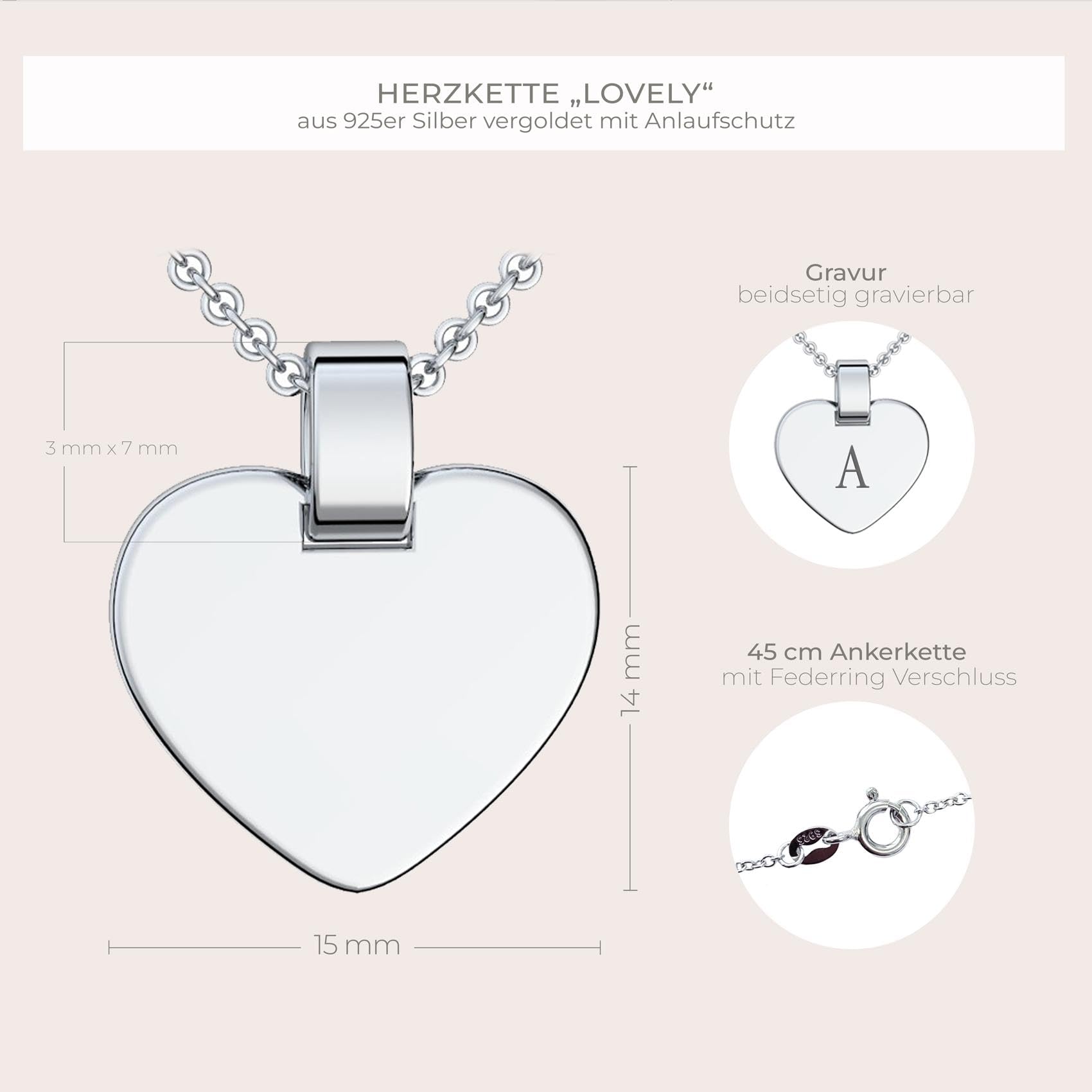 Herzkette mit Gravur Silber 925 Herz Kette Kettenanhänger persönlich | Gravurplatte individuell gestalten 925er Anhänger beidseitig gravierbar Silberkette nickelfrei Halskette Damen-Kette
