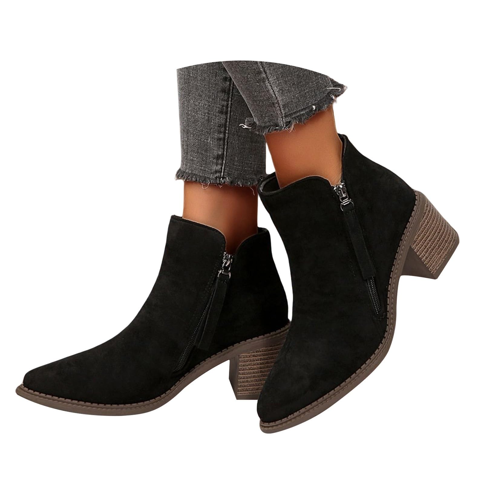 Cocila Botas De Ante con Tacón Grueso Y Punta Puntiaguda para Mujer, Tallas Grandes Europeas, Otoño/Invierno 2025, Cremallera Lateral Agua Mujer Altas Invierno Piel Cowboy Beige Botines