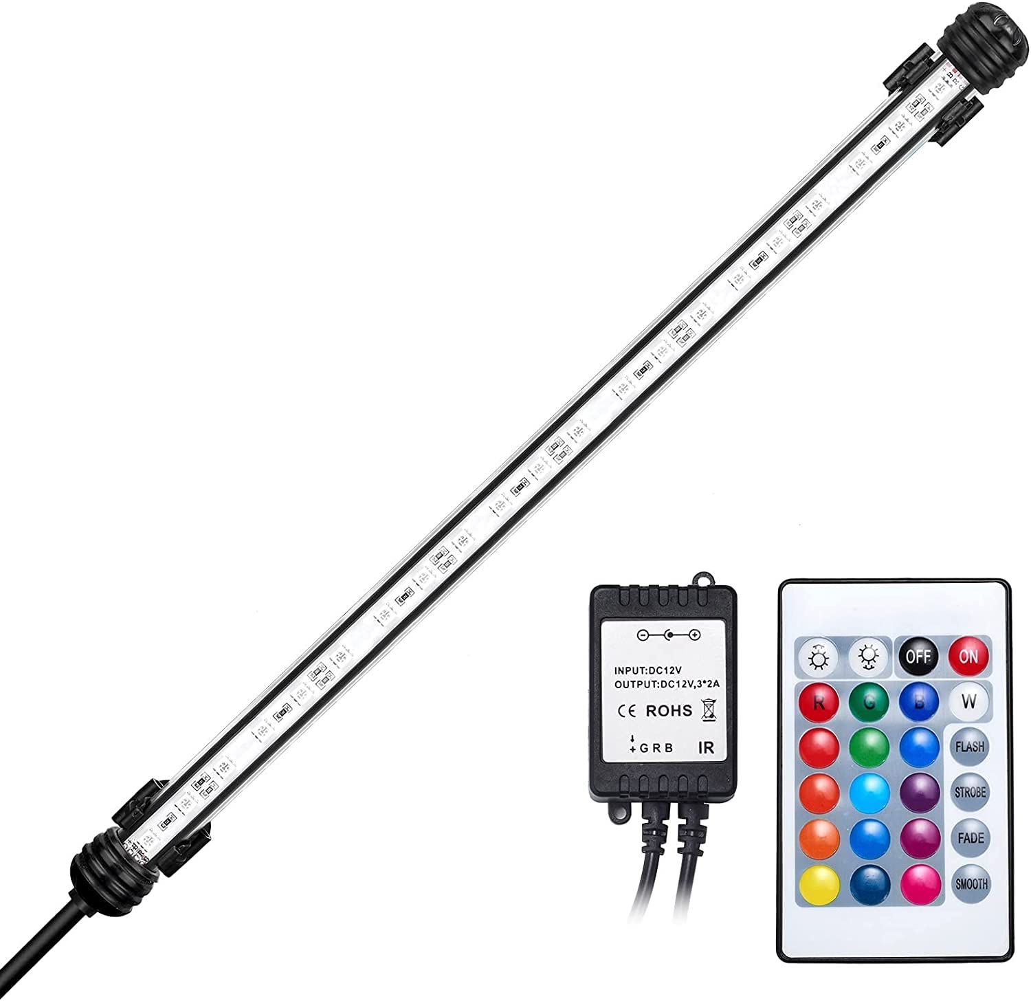 GreenSun LED Luz de acuario Iluminación subacuática Cubierta de luz Impermeable IP68 Lámpara de tanque de peces con control remoto RGB, 21 LEDS 5050 SMD, 38cm, 4.8W