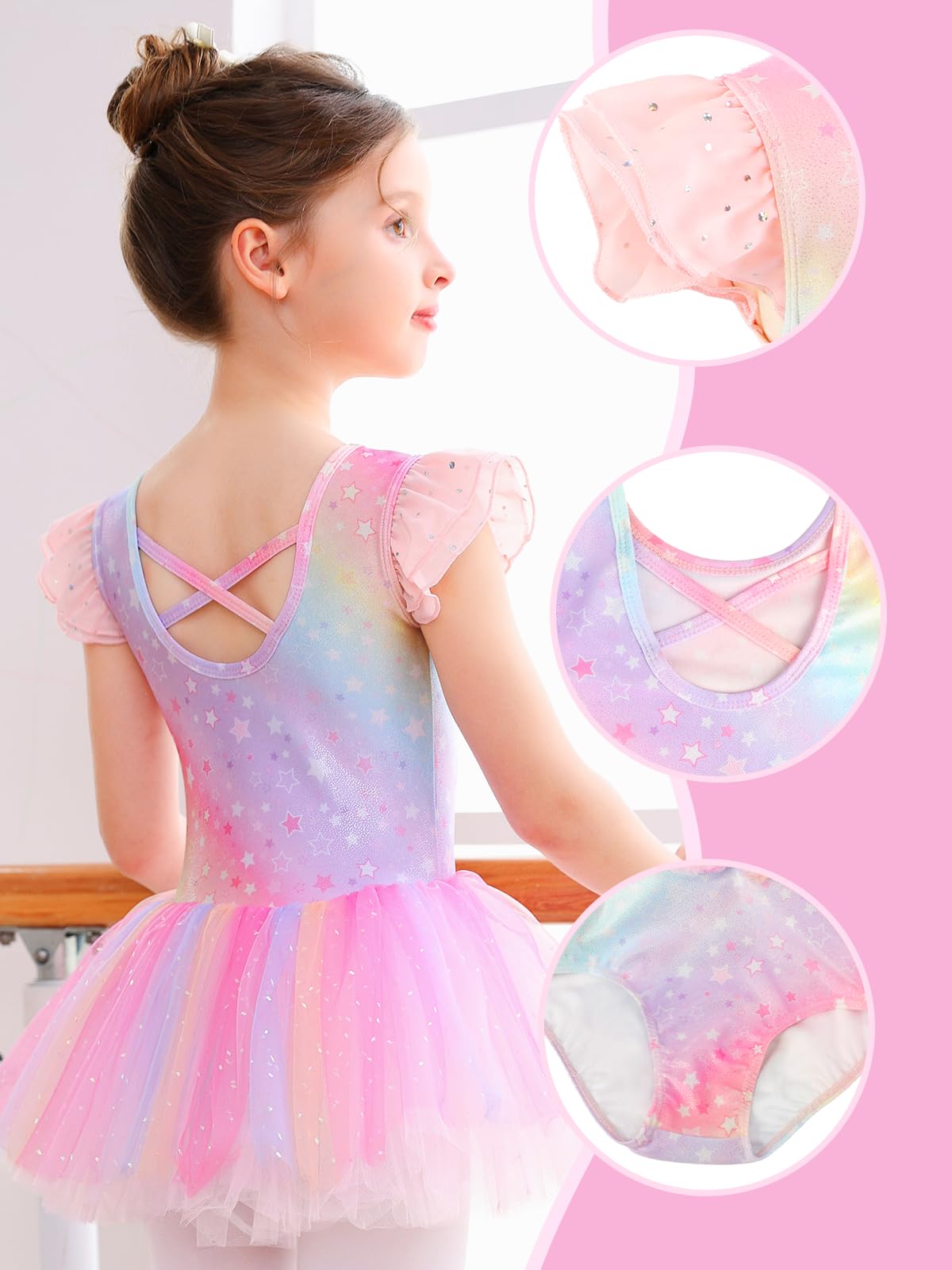 Justaucorps Danse Fille avec Jupe Tutu Danse Classique Brillante Tenue Ballet Manches Courtes