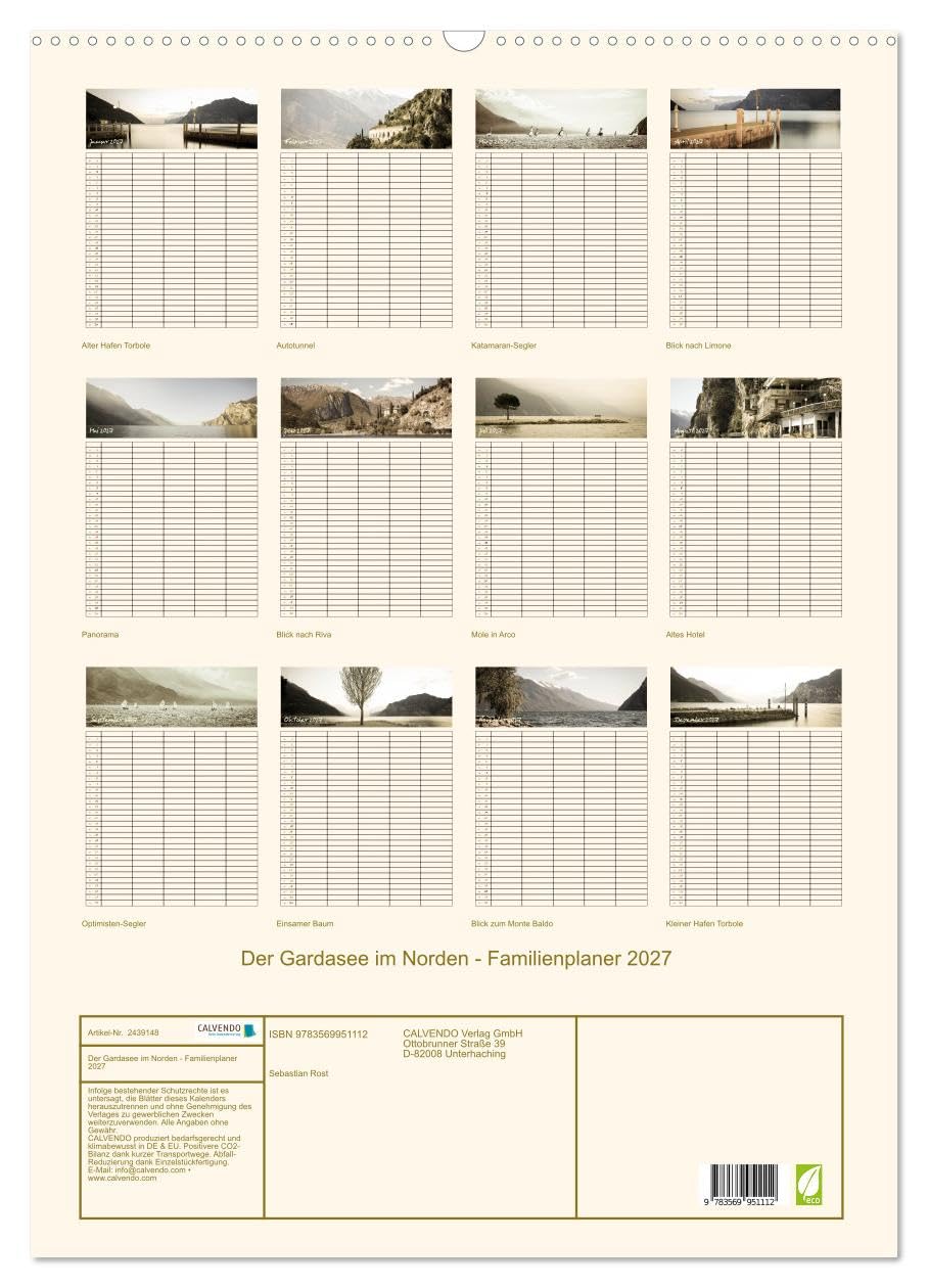 CALVENDO - Der Gardasee im Norden - Familienplaner 2027 (Wandkalender 2027 DIN A2 hoch), Monatskalender: Genießen Sie das atemberaubende Panorama des Nordufers. Für ihre Planung stehen Ihnen 5 Spalten