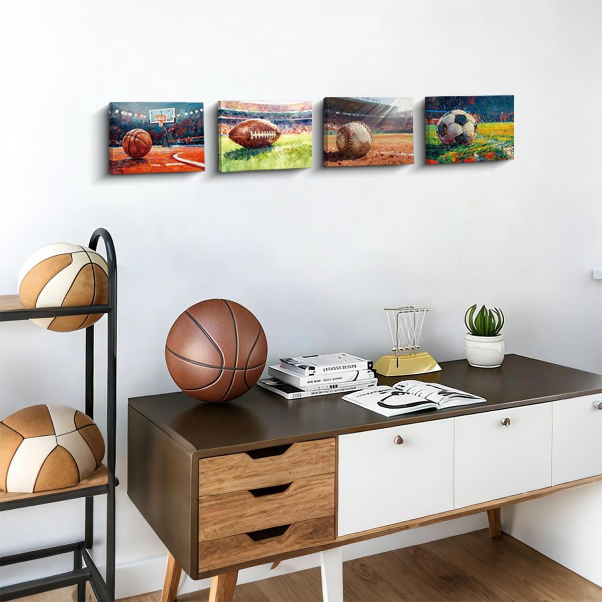 Framed Sports Theme Wall Art, 4 Piece 8x10 Inch Vibrant Ball Canvas Prints for Man Cave Game Room Decor, Football Baseball Basketball Soccer